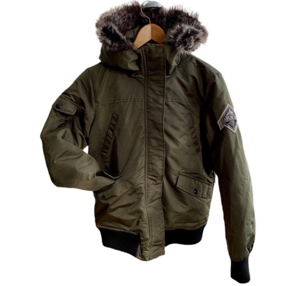 Beaver Canoe Bomber Jacket Army Green Hooded Sz M